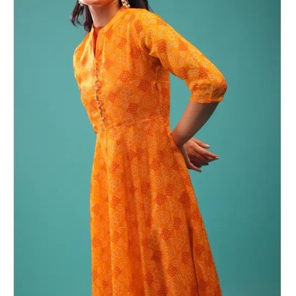 Kalki Russet Orange Indo-Western Dress With Bandhani Print In Kota Silk India - Picture 2 of 12